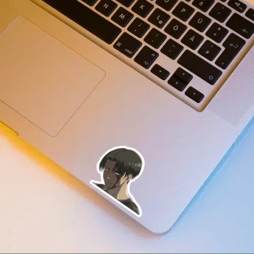 Levi Ackerman sticker showcasing Attack on Titan character in detail, perfect for personalizing laptops, notebooks, and more.