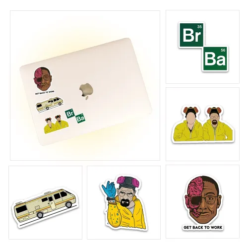 Breaking Bad sticker pack, featuring designs from the acclaimed TV show Breaking Bad, suitable for fans looking to personalize their laptops with TV show-themed stickers.
