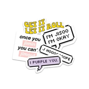 The BTS sticker pack, showcasing designs inspired by the iconic Kpop band BTS, ideal for adding personality to laptops.