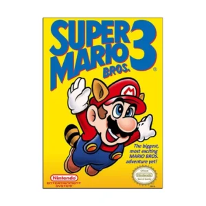 poster art for "Super Mario Bros. 3" game featuring Mario flying with a raccoon tail and ears.