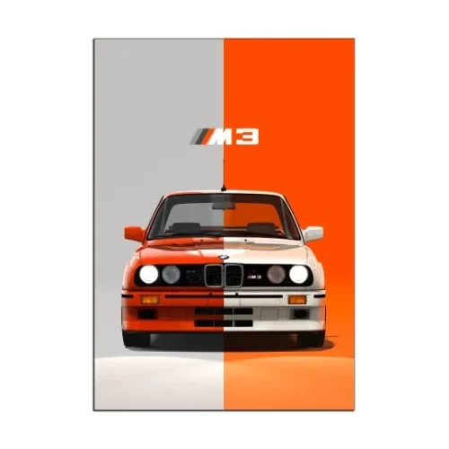 Discover the epitome of style and luxury with this captivating BMW Wall Art. Admire the orange and white poster showcasing a stunning BMW car.