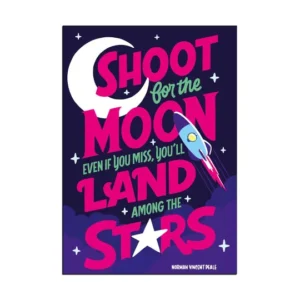 A space-themed poster with the text "Shoot for the moon" against a backdrop of stars and a full moon. motivational art for wall decor ideas.