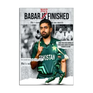 Newspaper-style graphic featuring an image of Babar Azam with the caption 'Babar is not finished.