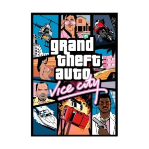Poster of video game "Grand Theft Auto: Vice City," featuring various illustrated scenes including a helicopter, motorcycle, sports cars, a boat, characters, and the game's title in bold text.