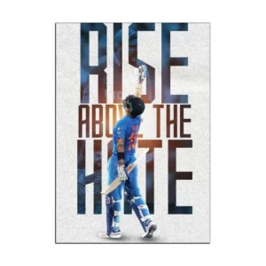 Virat Kohli in an Indian cricket uniform, striking a confident pose, featured on a vibrant wall poster.
