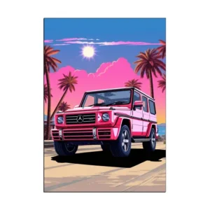 Get ready to turn heads with this stunning pink Mercedes-Benz G-Class on a beach. Perfect car wall art for your room!