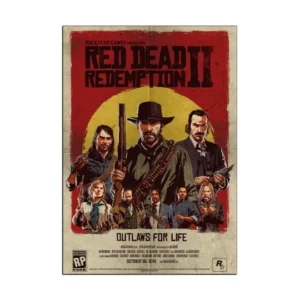 Red Dead Redemption II" by Rockstar Games. It features a group of nine rugged characters, led by a central figure holding a gun. The background includes a red and yellow sunset with "Outlaws for Life" written at the bottom.
