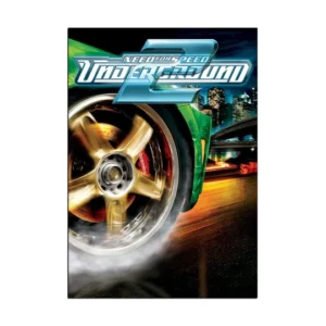 Need For Speed: Underground 2." A close-up of a golden car wheel is prominently featured, with the car speeding on a wet, reflective street against a brightly lit cityscape at night. The game title appears at the top.