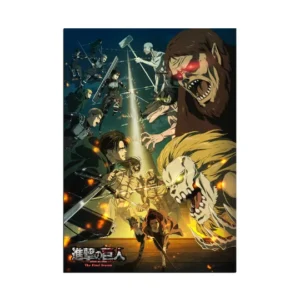 Attack on Titan wall poster featuring intense action scenes and iconic characters from the popular anime series, a captivating addition to any fan's collection.