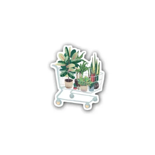 A plants in shopping cart sticker ideal for laptops, diaries, bottles, and more, perfect as a quirky and nature-inspired gift.