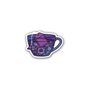 A cute space teacup sticker ideal for laptops, diaries, bottles, and more, perfect as a whimsical and celestial-themed gift.
