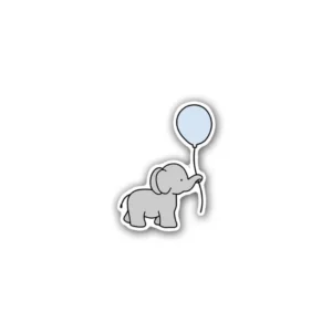 A cute elephant holding a balloon sticker ideal for laptops, diaries, bottles, and more, perfect as an adorable and whimsical gift.