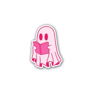A cute Halloween ghost reading a book sticker ideal for laptops, diaries, bottles, and more, perfect as a gift for Halloween and book lovers.