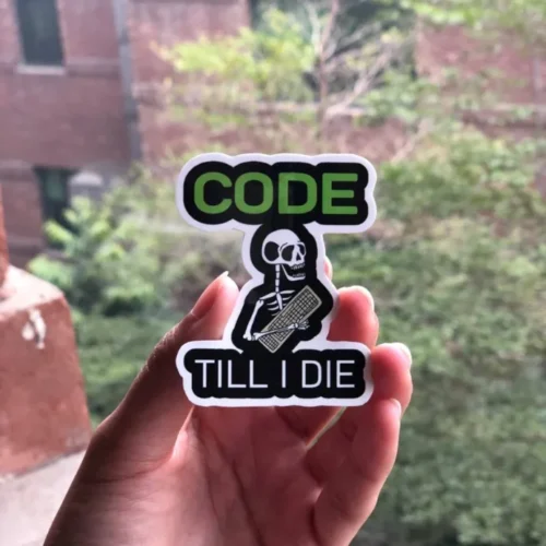 Code Till I die Sticker featuring tech-themed design, perfect for laptops, water bottles, and diaries. Made from durable PVC material for lasting dedication