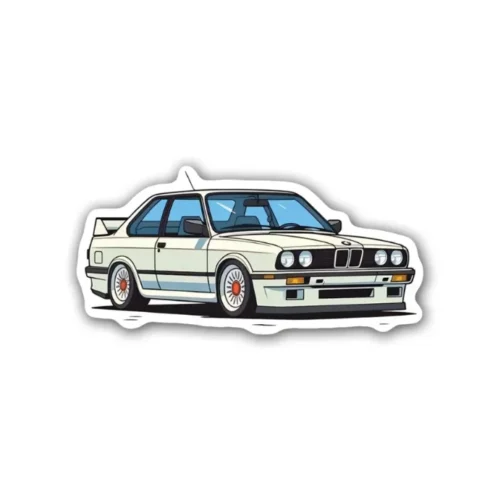 A BMW E30 3 Series sports car sticker ideal for laptops, diaries, bottles, and more, perfect as a gift for car enthusiasts.