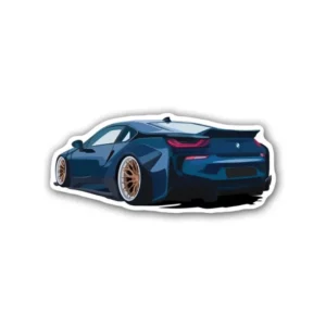 A BMW i8 sports car sticker ideal for laptops, diaries, bottles, and more, perfect as a gift for car enthusiasts.