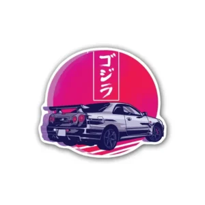 A GTR R34 Gojiro Sunset sticker ideal for laptops, diaries, bottles, and more, perfect as a gift for car enthusiasts.