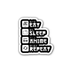 Eat Sleep Anime Repeat Sticker featuring fun design, perfect for laptops, water bottles, and diaries. Made from durable PVC material for lasting enjoyment.