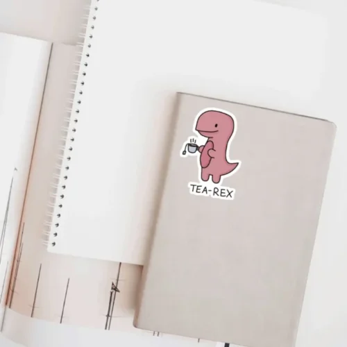 A Tea-Rex sticker ideal for laptops, diaries, bottles, and more, perfect as a fun and cute gift.