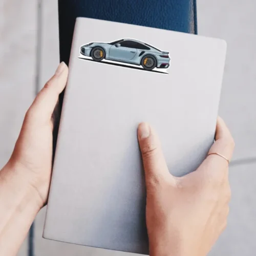 A Porsche 911 Turbo S sticker ideal for laptops, diaries, bottles, and more, perfect as a gift for car enthusiasts.