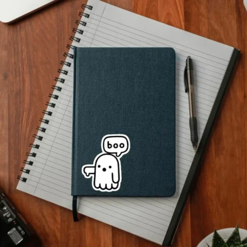 A Boo ghost sticker ideal for laptops, diaries, bottles, and more, perfect as a spooky and cute gift.