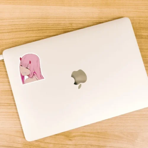 Zero Two Smile Sticker featuring charming design, perfect for laptops, water bottles, and diaries. Made from durable PVC material for lasting allure.