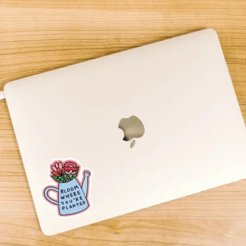 A "Bloom Where You Are Planted" sticker ideal for laptops, diaries, bottles, and more, perfect as a gift for plant lovers and inspiration seekers.