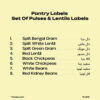 Pantry labels set for pulses and lentils with English and Urdu names: split Bengal gram, split white lentil, split green gram, red lentil, black chickpeas, white chickpeas, white beans, red kidney beans.