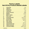 Pantry labels set for dry fruits and seeds with English and Urdu names: almonds, walnuts, pistachios, cashews, dried coconut, raisins, black raisins, pine nuts, dried apricots, dried figs, basil seeds, flax seeds, chia seeds, almond kernels, walnut kernels, coconut flakes.