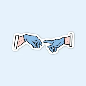 An image of a sticker with two hands directed at each other, known as the "Creation Hands Sticker."