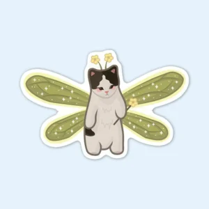 A whimsical sticker of a cat adorned with colorful dragonfly wings, titled "Fairy Cat Sticker."