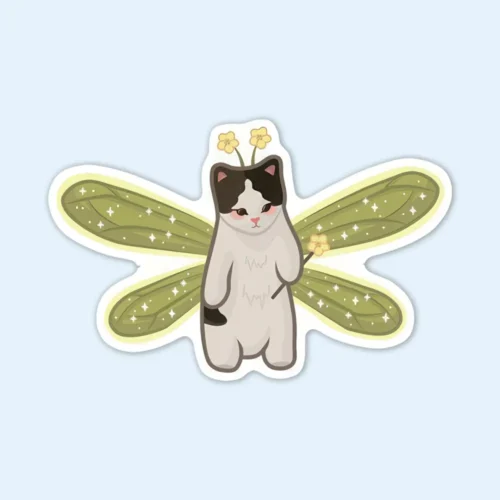A whimsical sticker of a cat adorned with colorful dragonfly wings, titled "Fairy Cat Sticker."