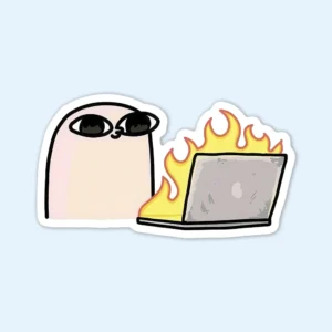 A humorous sticker showing a cat and a laptop on fire, identified as the "Laptop On Fire Sticker."