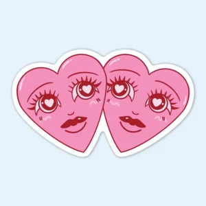 Love Hearts Sticker showcasing two whimsical hearts with eyes and long lashes.
