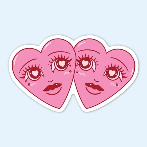 Love Hearts Sticker showcasing two whimsical hearts with eyes and long lashes.