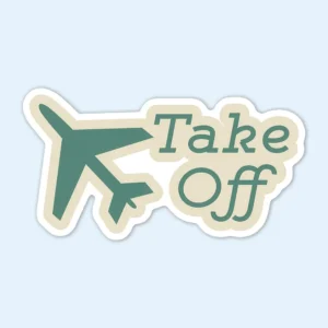 Visual representation of a an airplane on a Take off sticker with blue background