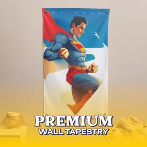 The Dynamic Superman Flight Tapestry hanging on a wall, featuring the Man of Steel in a heroic flying pose with his red cape flowing against a blue sky background.
