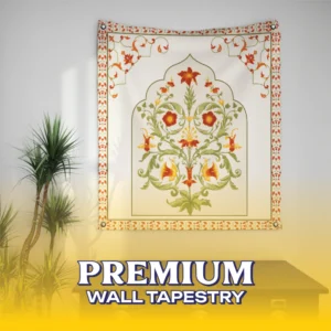 The Elegant Floral Art Tapestry hanging on a wall, featuring a vintage botanical arch design with red and yellow flowers to enhance room decor.