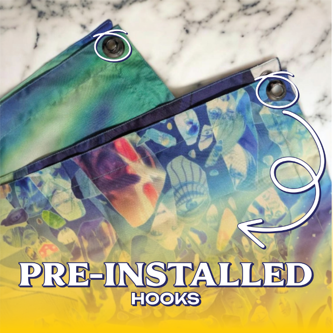 Eren Yeager Fragment Tapestry hooks Corner detail of the Eren Yeager Fragment Tapestry displaying durable pre-installed metal grommets for easy and secure wall hanging.