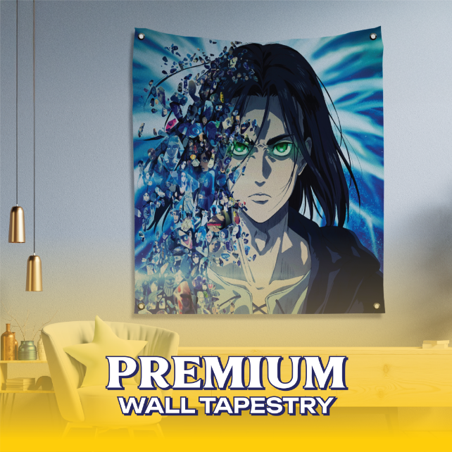 Eren Yeager Fragment Tapestry The Eren Yeager Fragment Tapestry hanging on a wall, featuring a dramatic collage of Eren's memories and Titan forms from Attack on Titan.