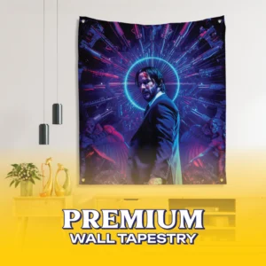 The John Wick Neon Action Tapestry hanging on a wall, featuring Keanu Reeves in a neon-noir style with roses, a skull, and a tactical handgun against a purple background.