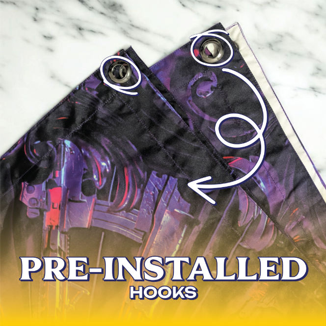 John Wick Neon Action Tapestry hooks Corner detail of the John Wick Neon Action Tapestry featuring sturdy pre-installed metal grommets for easy wall mounting in a gaming room or bedroom.