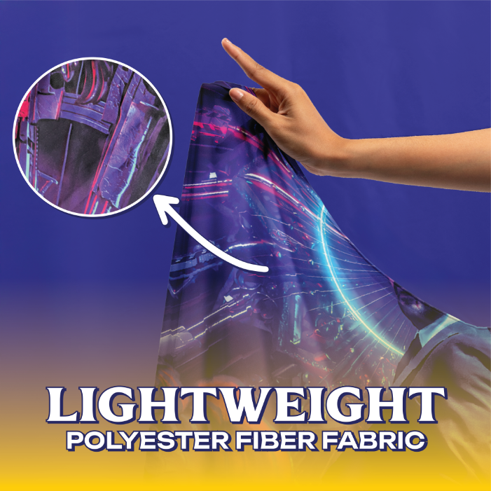 John Wick Neon Action Tapestry material Close-up of the lightweight polyester fabric on the John Wick Neon Action Tapestry, highlighting the vibrant neon purple print and detailed floral textures.