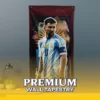 Lionel Messi GOAT Tapestry The Lionel Messi GOAT Tapestry hanging on a wall, featuring a bold collage of Messi in his Argentina jersey with the Sol de Mayo sun against a maroon background.