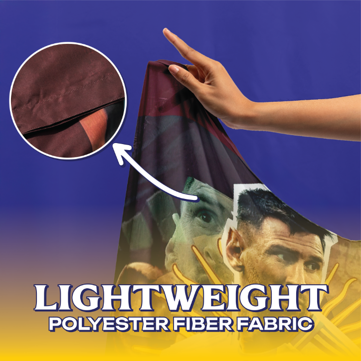 Lionel Messi GOAT Tapestry Material Close-up of the lightweight polyester fabric on the Lionel Messi GOAT Tapestry, highlighting the high-definition print quality of the football legend's portrait.
