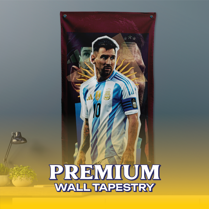 Lionel Messi GOAT Tapestry The Lionel Messi GOAT Tapestry hanging on a wall, featuring a bold collage of Messi in his Argentina jersey with the Sol de Mayo sun against a maroon background.