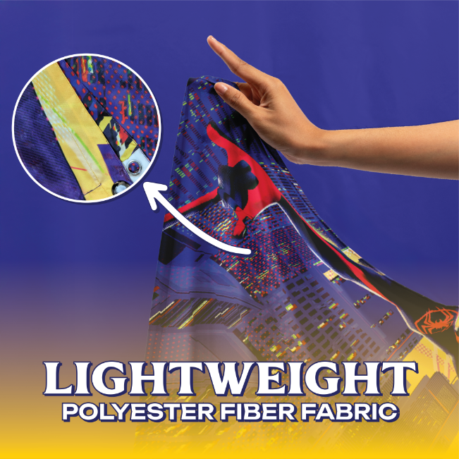 Close-up of the lightweight polyester fabric on the Miles Morales Spider-Verse Tapestry, highlighting the vibrant comic-book style print quality and soft texture.