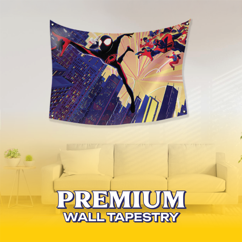 The Miles Morales Spider-Verse Tapestry hanging above a sofa, featuring Miles Morales and other Spider-People swinging through a neon cityscape.