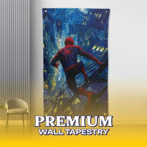 The Spider-Man City Canvas Tapestry displaying Spider-Man crouching in a classic pose against a vibrant city skyscraper background.