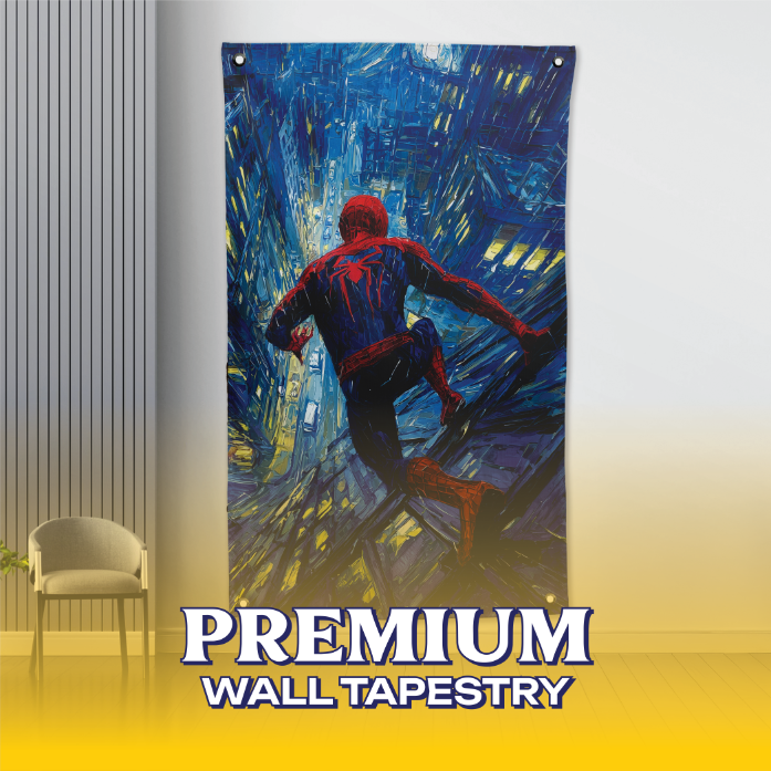 Spider-Man City Canvas Tapestry The Spider-Man City Canvas Tapestry displaying Spider-Man crouching in a classic pose against a vibrant city skyscraper background.